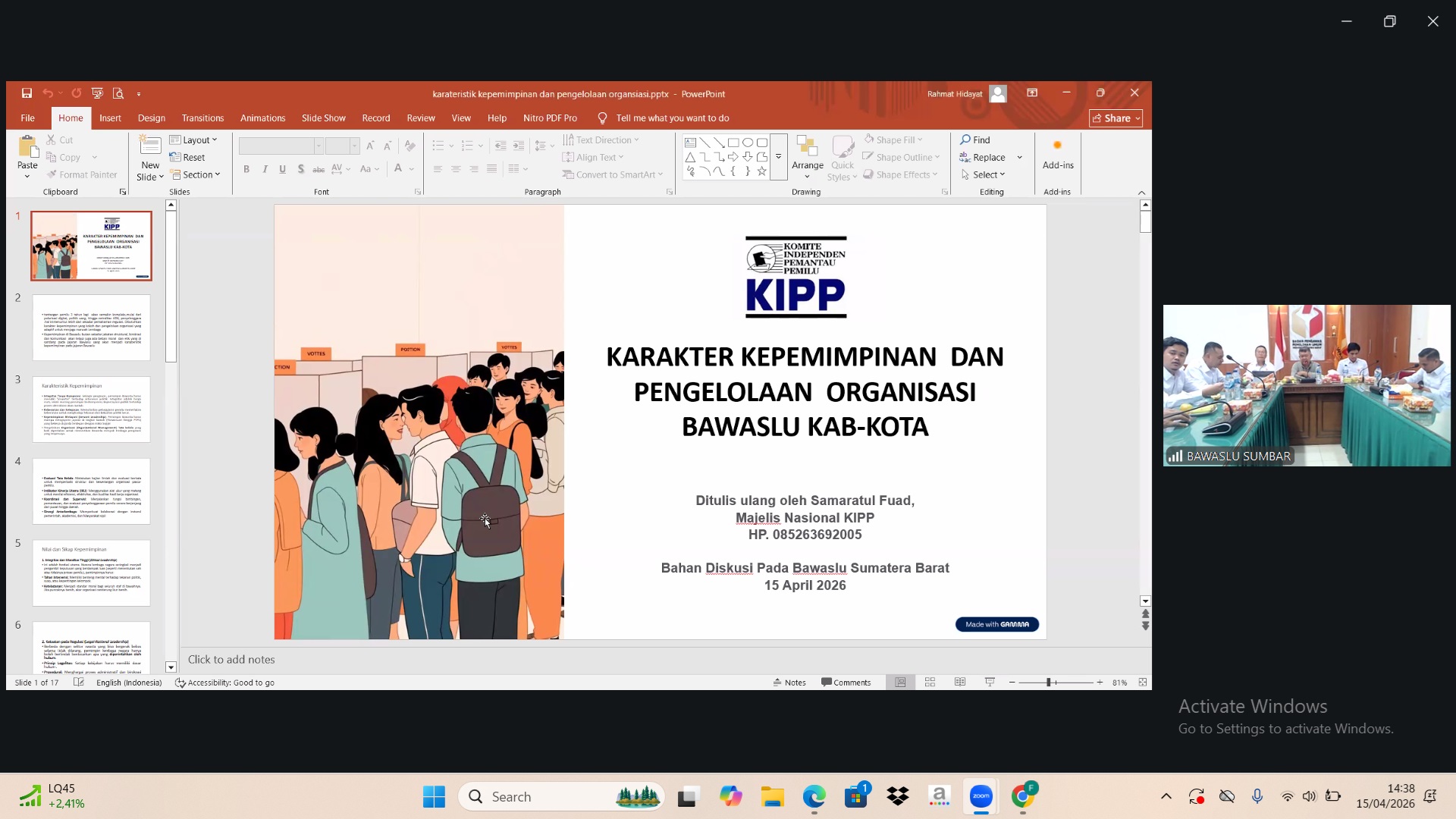 Rapat Penguatan Kelembagaan bertajuk “Membentuk Karakter Kepemimpinan dan Pengelolaan Organisasi Bawaslu Kabupaten/Kota” yang diselenggarakan oleh Bawaslu Provinsi Sumatera Barat secara daring pada Selasa (15/04/2026).