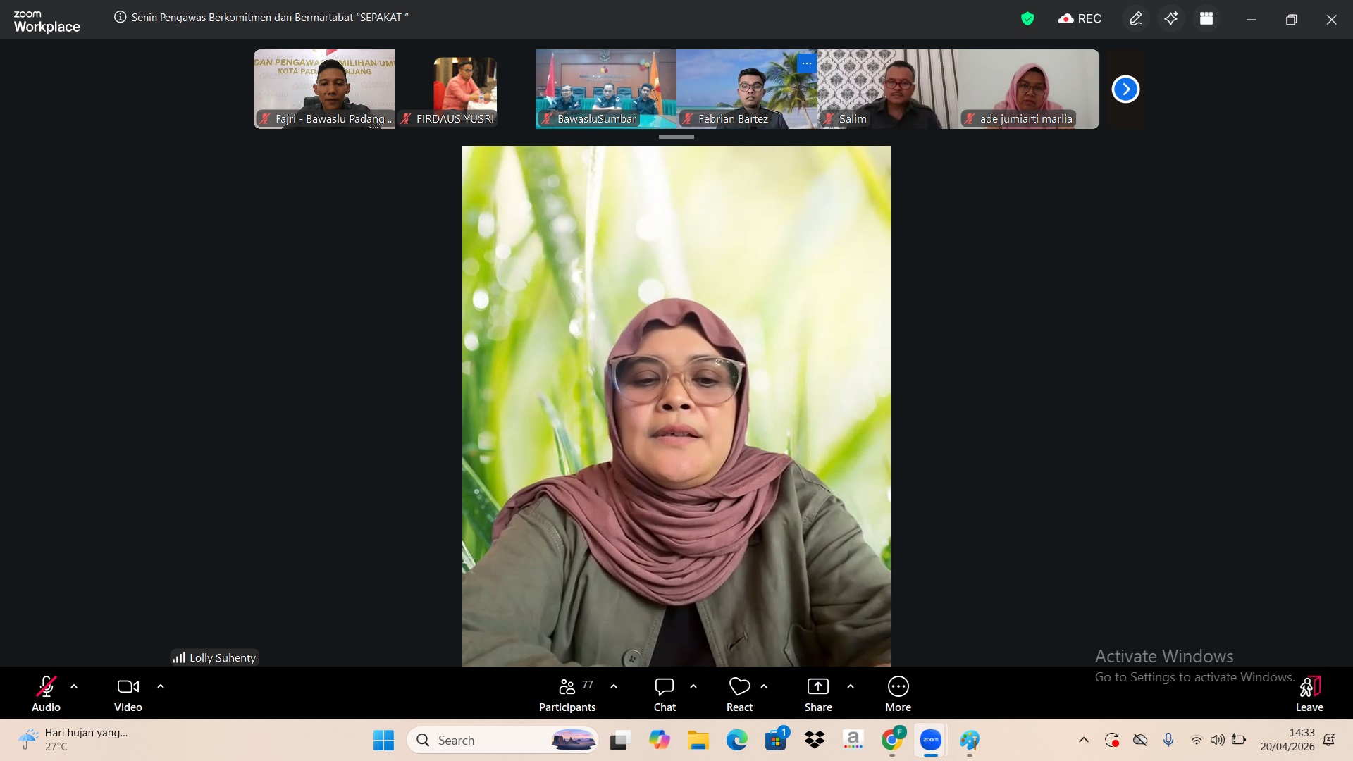 Bawaslu Kota Padang Panjang menghadiri kegiatan Sepakat (Senin Pengawas Berkomitmen dan Bermartabat) yang diselenggarakan oleh Bawaslu Provinsi Sumatera Barat pada Senin (20/04).